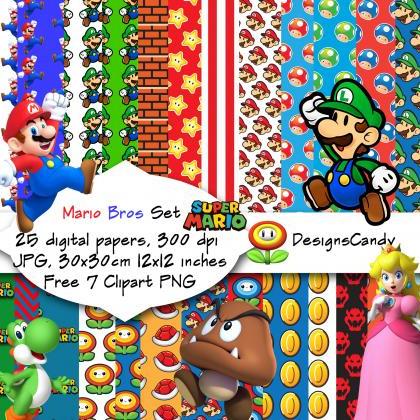 Mario Bros Inspired Digital Paper Pack , 12x12, 25..
