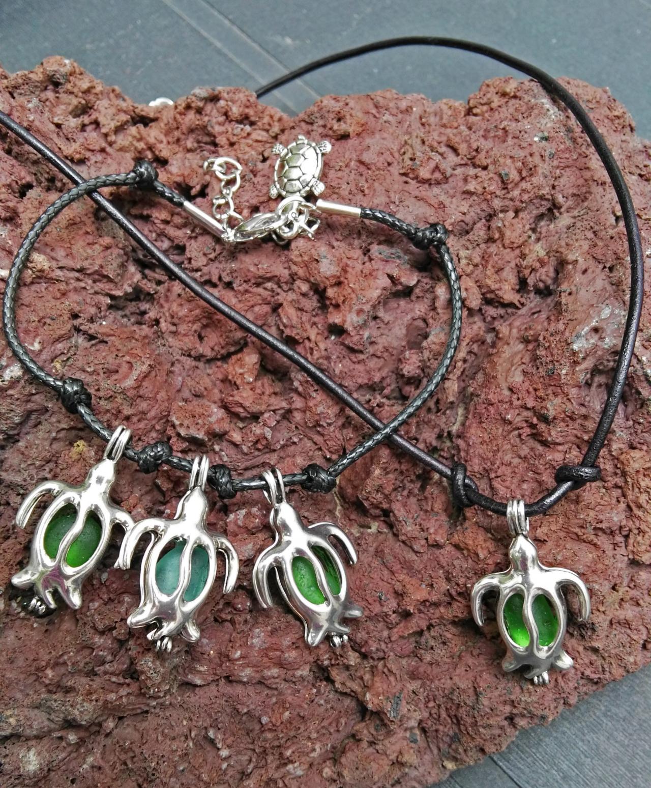 Authentic Sea Glass Bracelet And Necklace Set- Turtle Locket Charm