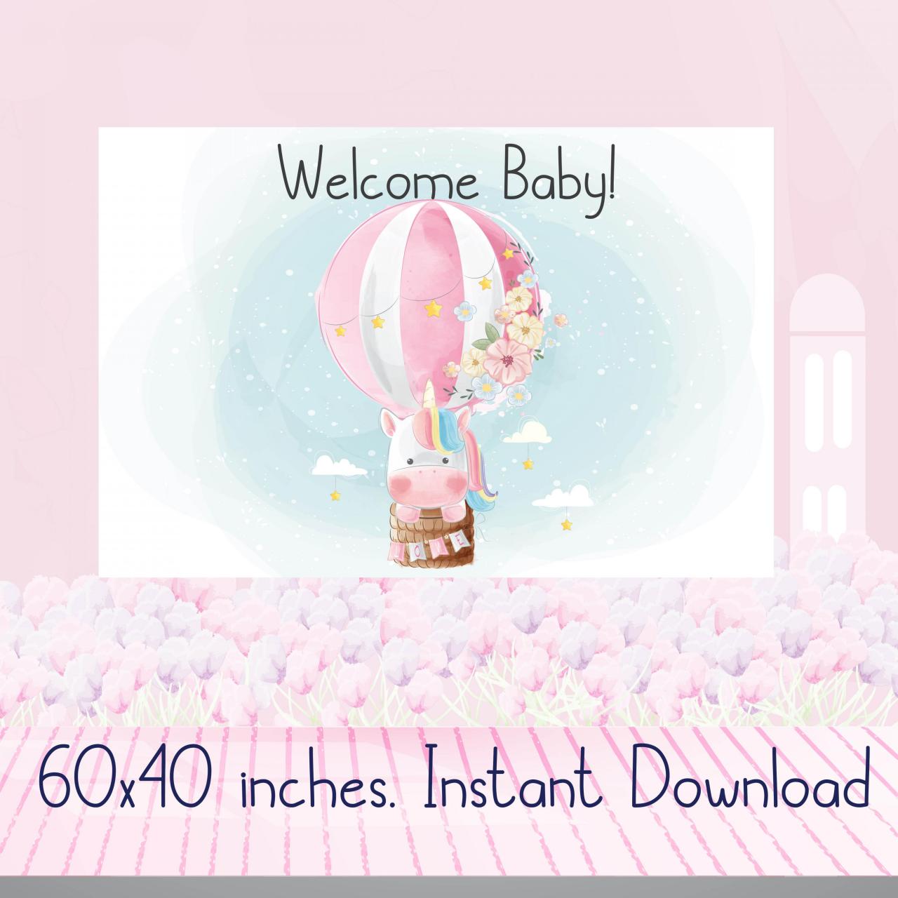 Welcome Baby Cute Unicorn Air Balloon Baby Shower Backdrop