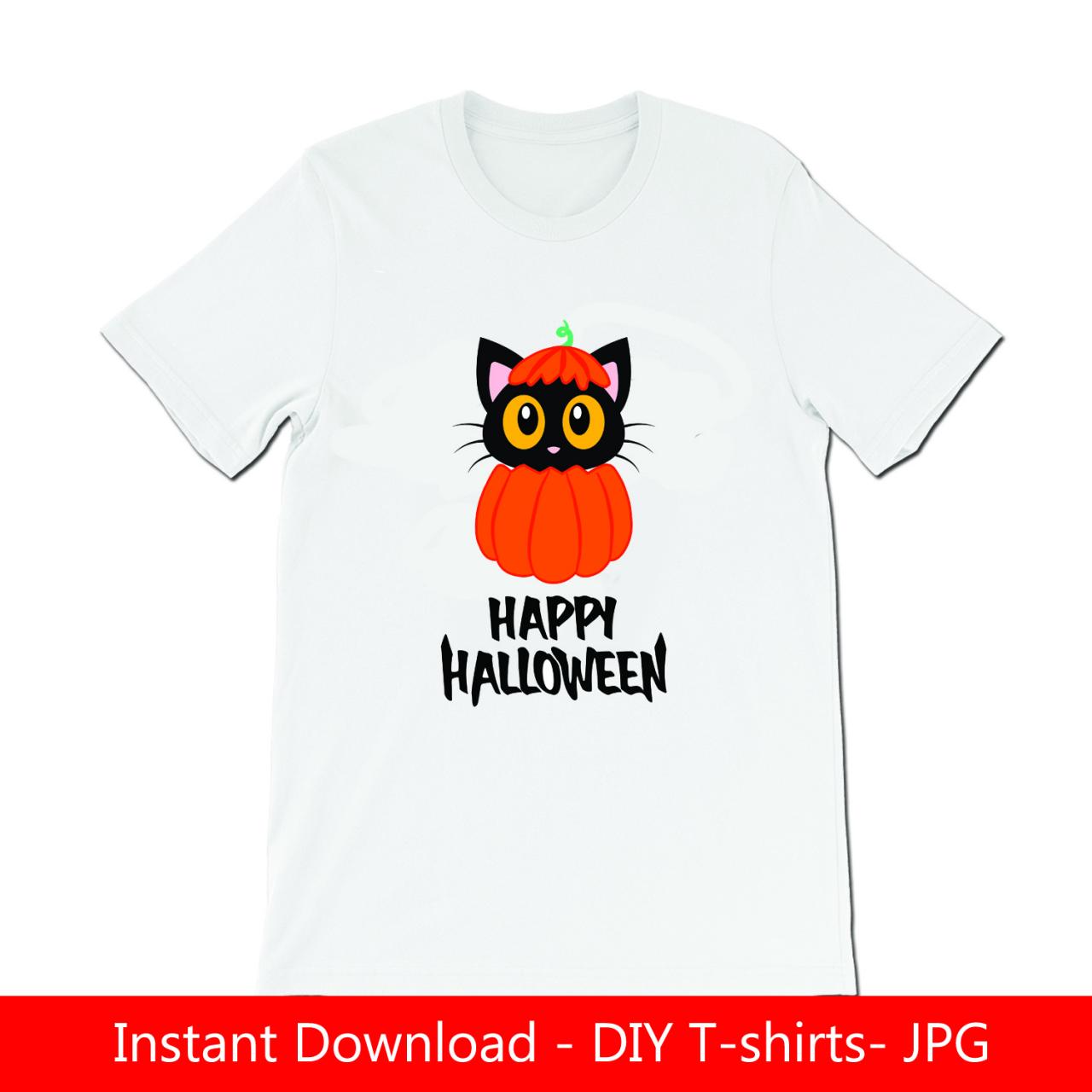Happy Halloween Cute cat on pumpkin DIY Tshirt- Iron on- JPG files