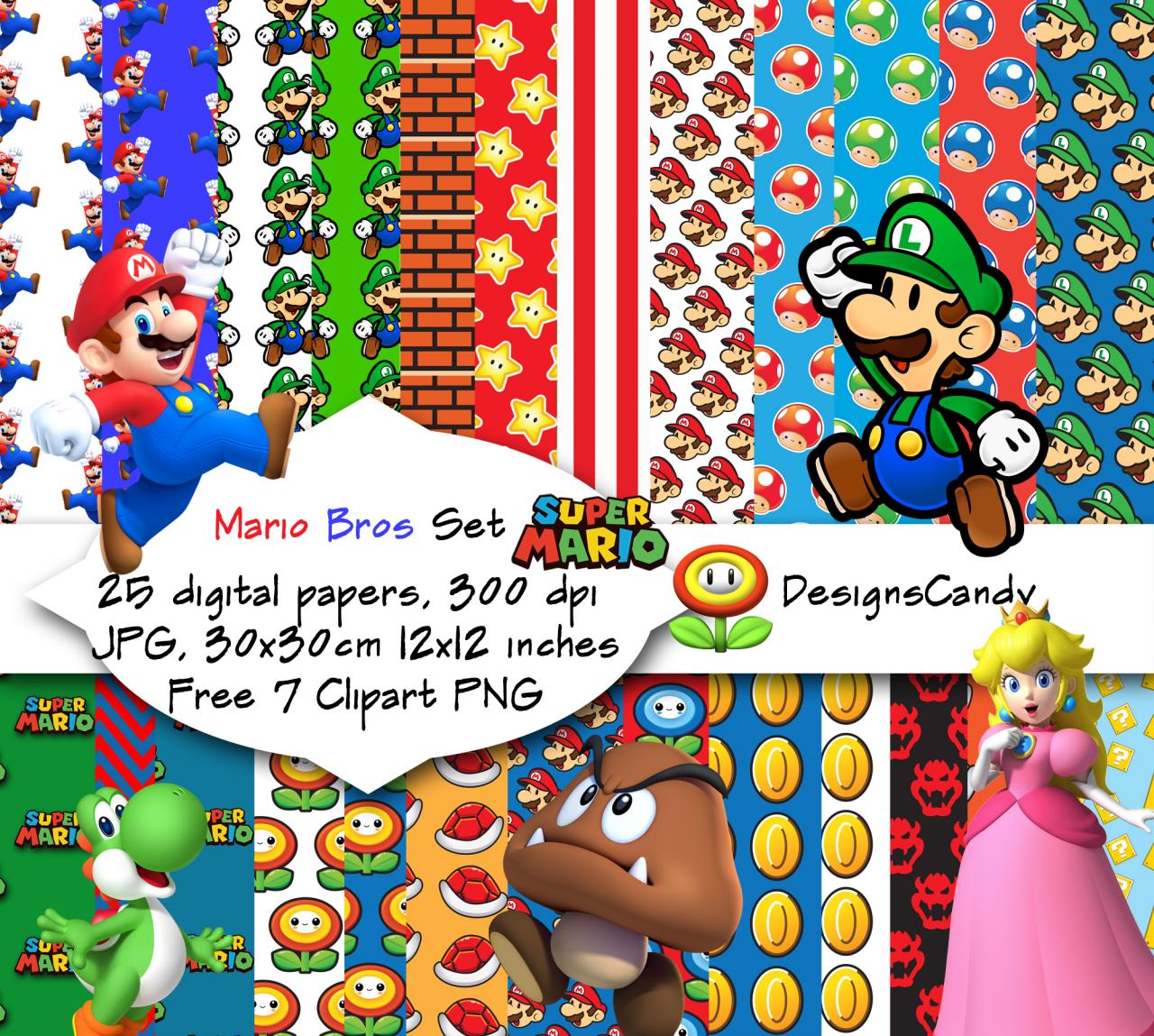Mario Bros Inspired Digital Paper Pack , 12x12, 25 Papers, Jpg, Scrapbook, Clipart , Digital Paper, Birthday Party, Invitation P&c Use