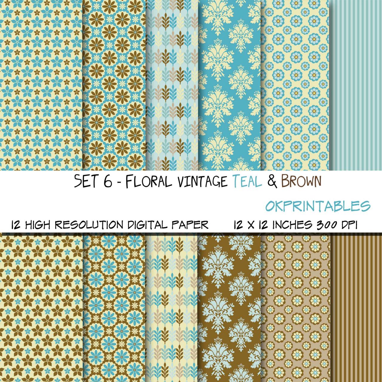 Set 006 - Floral Vintage Teal & Brown Digital Paper, Floral Pattern, Floral Digital Background, Scrapbook Paper, Printable Paper, Web