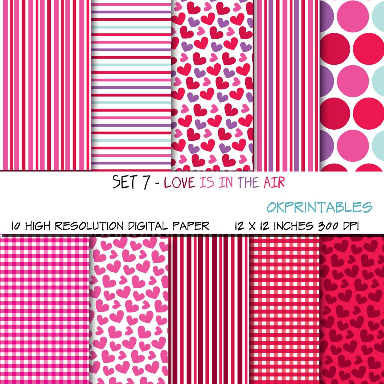 Set 007 - Love Is In The Air Digital Paper, Hearts Pattern, Gingham Pattern, Digital Background, Scrapbook Paper, Printable Paper, Web Design