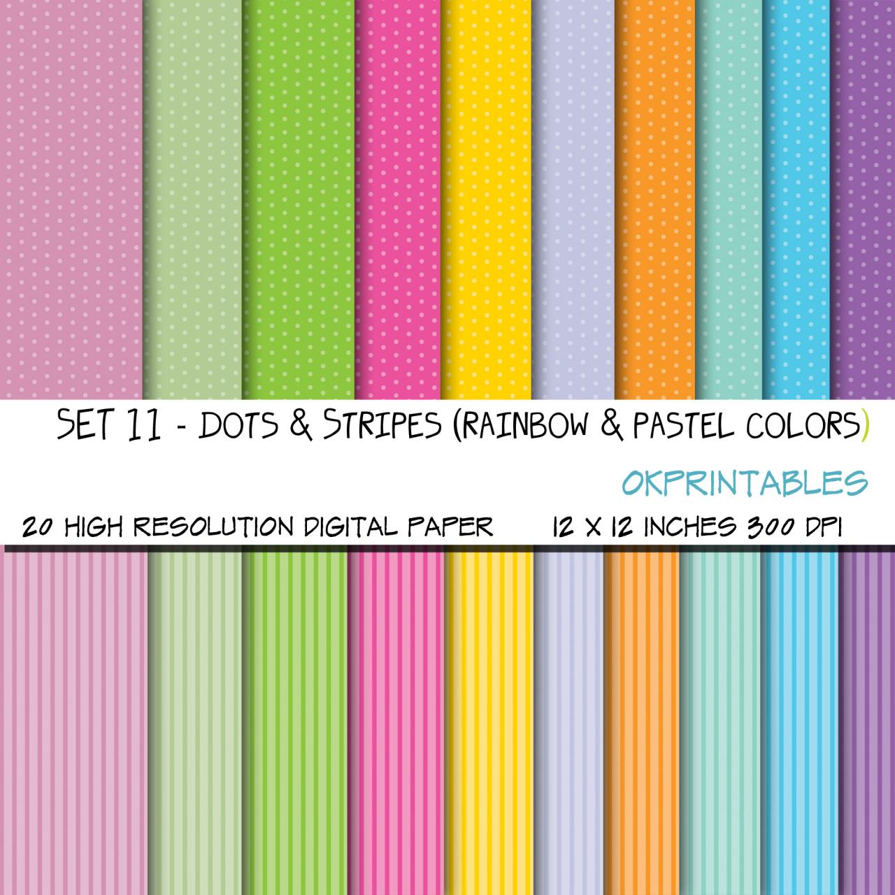 Set 011 - Dots and stripes in rainbow and pastel colros, Digital Background, Scrapbook Paper, Printable Paper, Web Design
