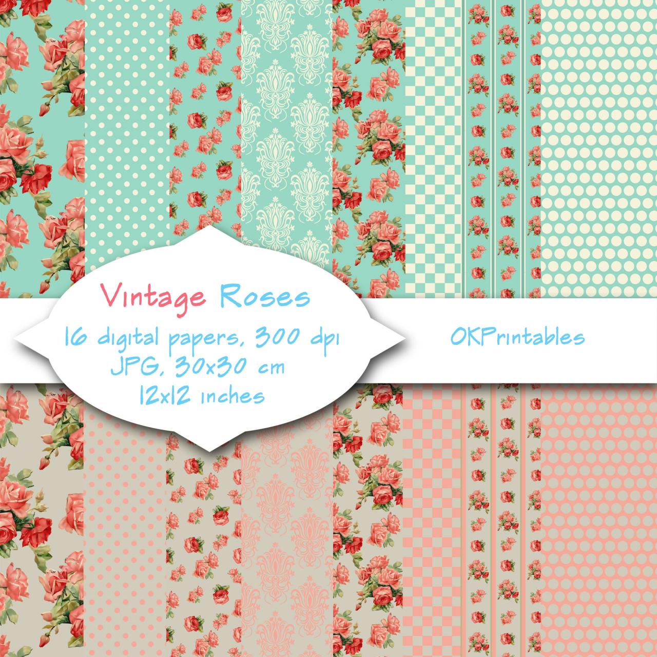 Vintage Roses, Turquoise / rose pink/ Digital Background, Scrapbook Paper, Printable Paper, Web Design