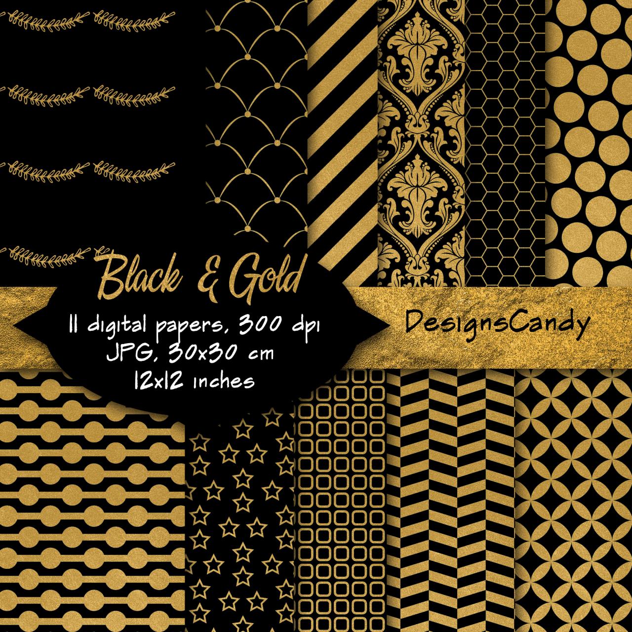 Black & Gold Patterns, Digital Background, Scrapbook Paper, Printable Paper, Web Design. Personal And Commercial Use.