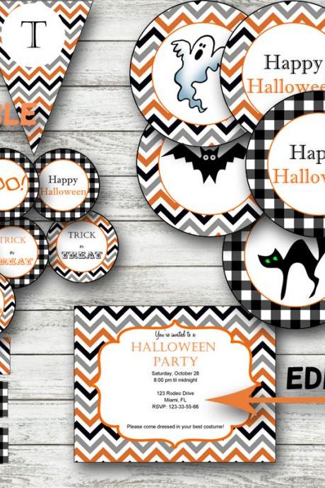 Halloween Party Package printable- Editable pdf invitation and banner- Halloween Decoration Halloween Banner editable- Halloween Party
