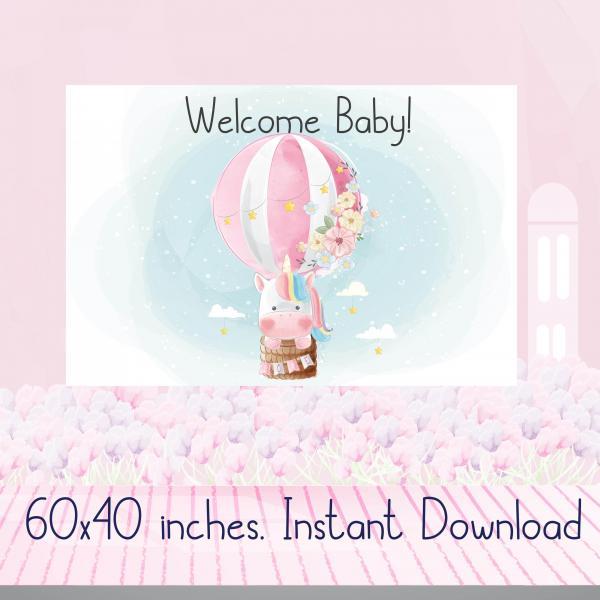 Welcome Baby Cute Unicorn Hot air Balloon Baby SHower Backdrop